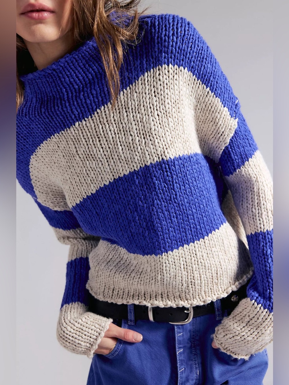 NWT FREE PEOPLE Opal Rollneck Knit Stripe Sweater | Cobalt Combo MSRP $128 M